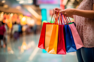 Woman shopping for colorful handbags in a trendy store, highlighting her fashion sense