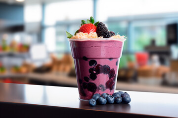 Close up of purple açaí with chopped fruits and strawberry pieces on the side in a cup