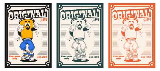 Poster with a coffee mascot, a cartoon character in the retro style of the 70s and 80s. Vector in monochrome minimalism.