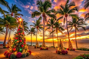 Experience a Hawaiian Christmas with palm trees lining the beach, colorful decorations, and a stunning sunset, creating