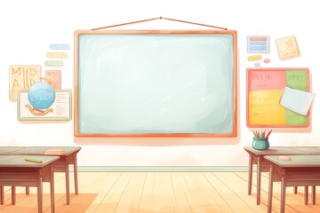 Empty classroom with wooden desks, a large blank whiteboard, and colorful educational posters on the walls, ready for students to learn.