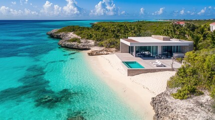 Fototapeta premium Modern home on a quiet, sandy beach with turquoise waters and a clear sky