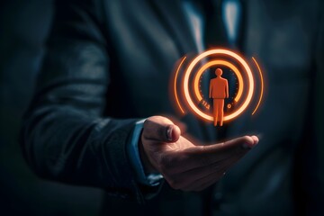 Businessman's hand holding a target icon on a dark background. Digital marketing and customer selection concept with a businessman showing a virtual global connection or leader symbol to convey the id
