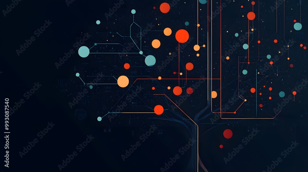 Poster abstract digital tree with interconnected colorful nodes and lines