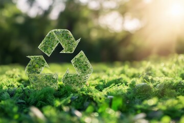 Glass-like recycling symbol in a natural environment, symbolizing eco-friendly practices and the circular economy concept.