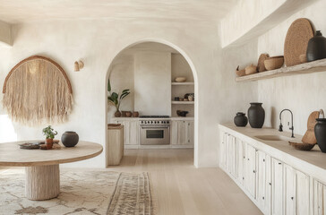 Minimalist boho kitchen with arched doorways, featuring white cabinets and light wood flooring. A round dining table is placed on the left side of an open space that leads to the kitchen area.