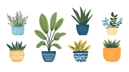 Obraz premium plants in pots. vector collection of plants on white background. Collection trendy plants and nature homemade flowers in pot interior decoration in flat style. Vector illustration on white background 