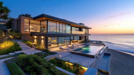 Fototapeta premium Contemporary beachfront home with a sleek design and a panoramic view of the ocean