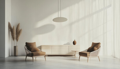 Modern minimalist style, with white walls and gray floors featuring a small sideboard in the middle. There is an egg-shaped chair on one end and two chairs at each corner.