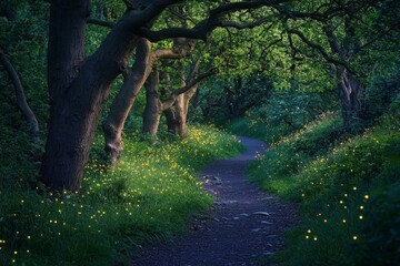 Naklejka premium A serene forest path winds through lush greenery and trees. Soft light filters through leaves. Perfect for nature lovers and peaceful retreats. Generative AI