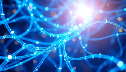 Illuminated Fiber-Optic Cables Twisting in Futuristic Data Network