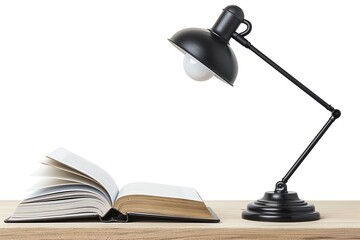 Open book under a black desk lamp on a wooden surface, representing study and learning environment.