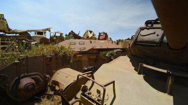Flowers in tank cemetery, Asmara in Eritrea, Africa. Peace concept