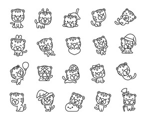 Cute kawaii tiger. Coloring Page. Adorable cartoon character with stripes. Hand drawn style. Vector drawing. Collection of design elements.