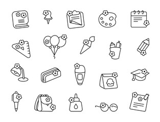 School supplies with bud. Coloring Page. Beginning of educational training. Hand drawn style. Vector drawing. Collection of design elements.