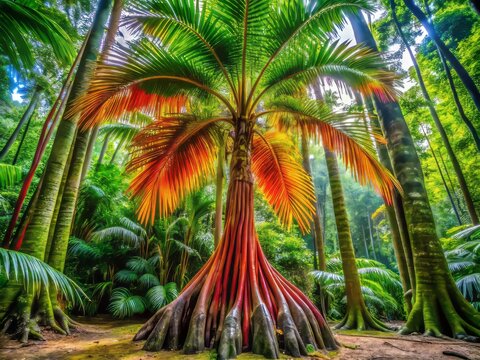 In a dense tropical rainforest, a stunning Socratea exorrhiza palm displays its unique aerial roots, adding beauty and