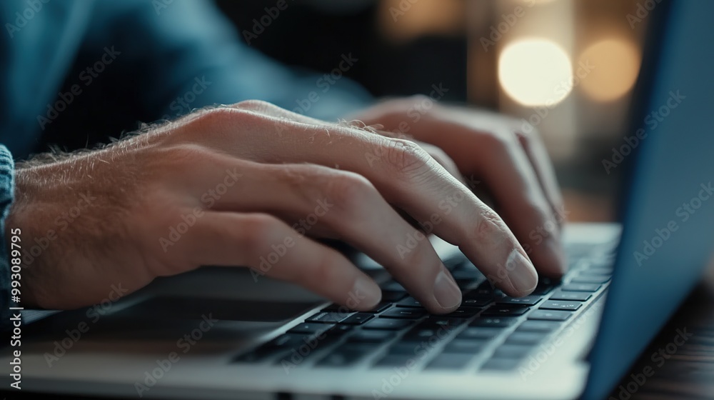 Poster a close-up of hands typing on a laptop keyboard, emphasizing the act of writing or working on a comp