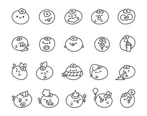 Kawaii juicy blueberries. Coloring Page. Funny food character. Hand drawn style. Vector drawing. Collection of design elements.