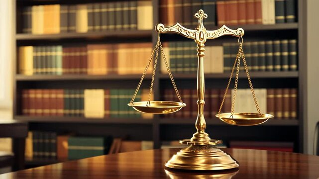 Scales of justice on wooden desk with law books in background, symbolizing legal system and jurisprudence. Close-up of brass balance for courtroom drama or documentary on law