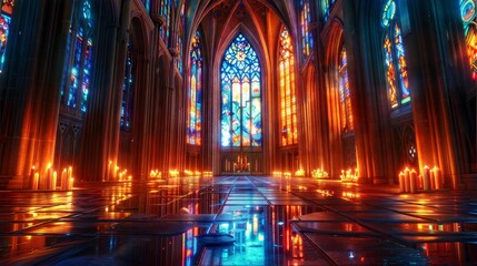 Vibrant Stained Glass Cathedral Interior with Illuminated Candles and Reflections