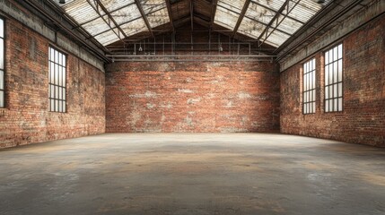 Empty brick warehouse with windows. Perfect for industrial, grunge, or urban backgrounds.