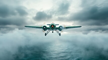 Fototapeta premium Vintage Aircraft Flying Over Moody Oceanic Landscape