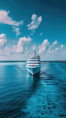 A grand cruise ship cruising along the Maldivian coastline, with the clear blue ocean and sky creating a serene atmosphere.