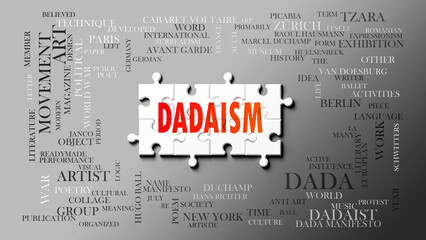 Dadaism as a complex subject, related to important topics. Pictured as a puzzle and a word cloud made of most important ideas and phrases related to dadaism. ,3d illustration