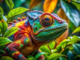 Obraz premium In a vibrant tropical setting, a colorful chameleon forest dragon seamlessly merges with the lush green leaves,