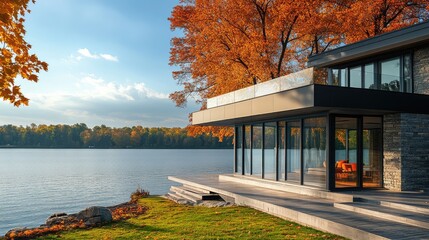 Obraz premium Contemporary vacation home with large glass windows, overlooking a serene lake in autumn