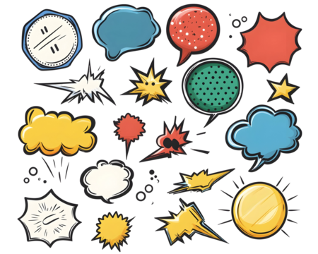 Iconic comic speech bubbles, various shapes and symbols,