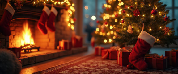 Obraz premium Christmas Fireplace & Tree: Cozy Winter Holiday Scene
