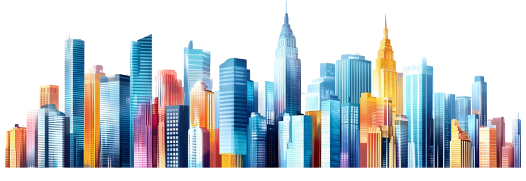 Modern City illustration isolated at white with space for text. Success in business, international corporations, Skyscrapers, banks and office buildings. 