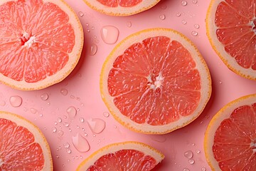 Pink Grapefruit Slices with Water Drops on Pink Background