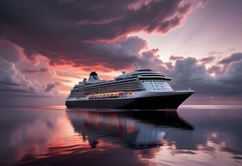 A large cruise ship sailing on the ocean at sunset, with dramatic clouds in the sky and the ship's reflection visible in the water
