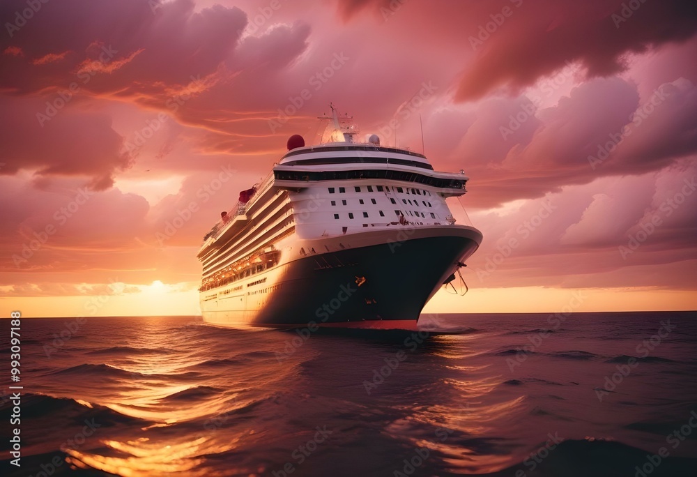 Wall mural a large cruise ship sailing on the ocean at sunset, with dramatic clouds in the sky and the ship's r