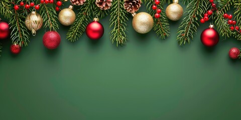 Festive Green Christmas Background with Lush Fir Branches and Sparkling Ornaments.