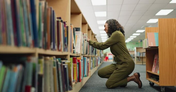 Woman, library and book shelf with cart for novel, packing stock or literature at bookstore. Female person, employee or librarian checking bookcase, inventory or rack with wooden trolley of knowledge