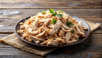 meal, succulent, protein, lunch, dinner, white plate, meat, boiled chicken, cooked, steamy, chicken fillet, Boiled shredded chicken meat tender and juicy presented on a white plate