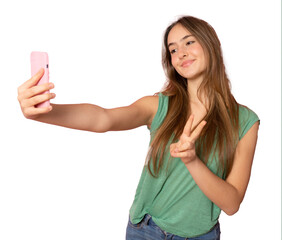 Beautiful smiling girl in green t-shirt talking on smartphone standing isolated over transparent background.