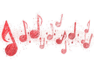  Bright red music notes illustrated with a marker, accompanied by grunge shapes and icons, featuring a clipping path.