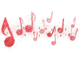  Bright red music notes illustrated with a marker, accompanied by grunge shapes and icons, featuring a clipping path.