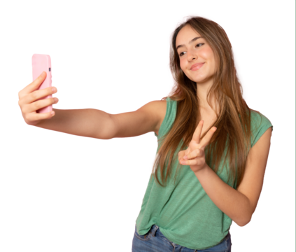 Beautiful smiling girl in green t-shirt talking on smartphone standing isolated over transparent background.