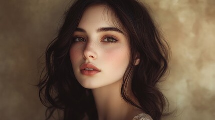 Naklejka premium A woman with long brown hair and a red lip