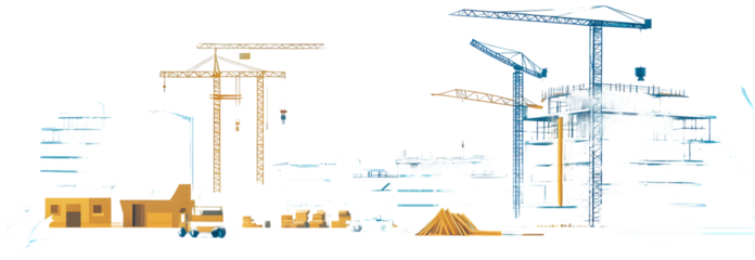 Wide banner illustration of buildings under construction in process 