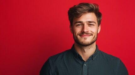 Obraz premium A man with a beard and a smile is standing in front of a red background