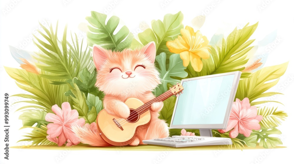 Wall mural adorable cat playing guitar amidst tropical floral arrangement