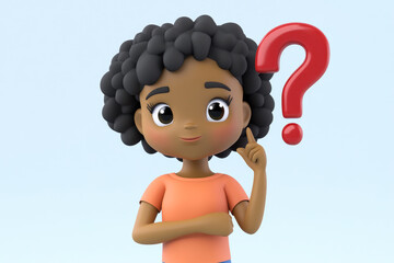 Cute girl with curly hair in an orange shirt making a questioning gesture with a red question mark floating beside her, pondering.