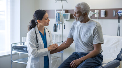 Obraz premium Doctor Comforting Elderly Patient in a Modern Hospital Room