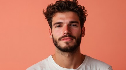 Obraz premium A man with a beard and a white shirt is smiling at the camera